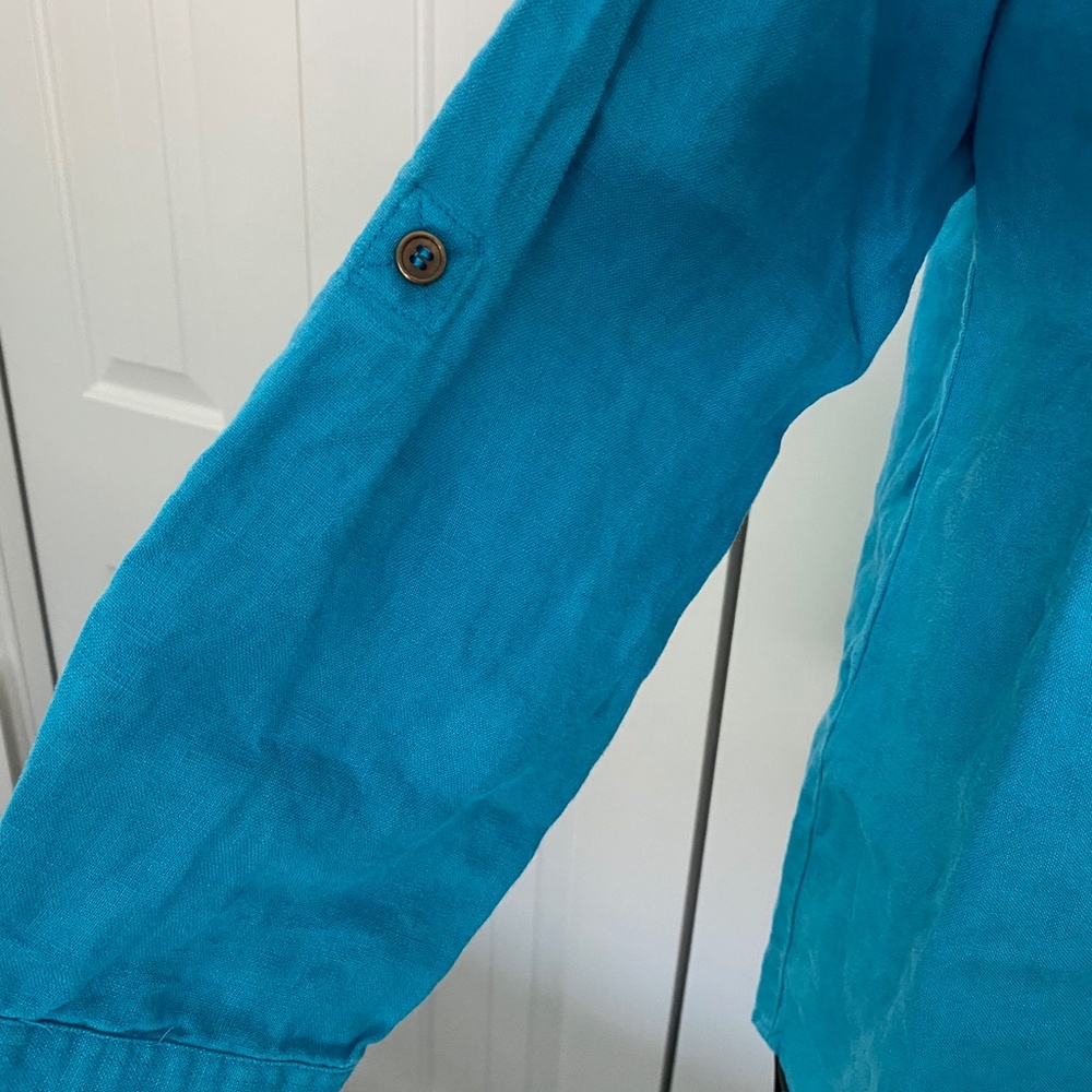 Chicos Turquoise Linen Button Up Blouse Sz M - Picture 4 of 6